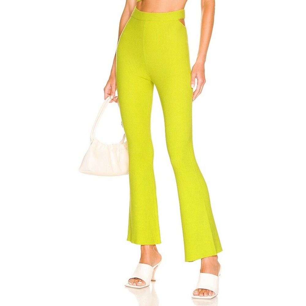 Camila Coelho Coyote Pant Lime Green Ribbed Knit Cut-Out Flare Small Revolve